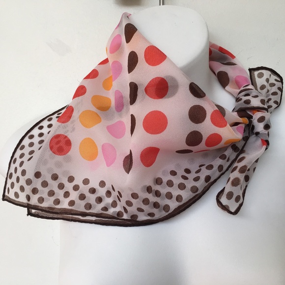 Vintage Scarf Red Pink Brown Polka Dot 24" Square Ponytail Lightweight Chiffon - Picture 2 of 4